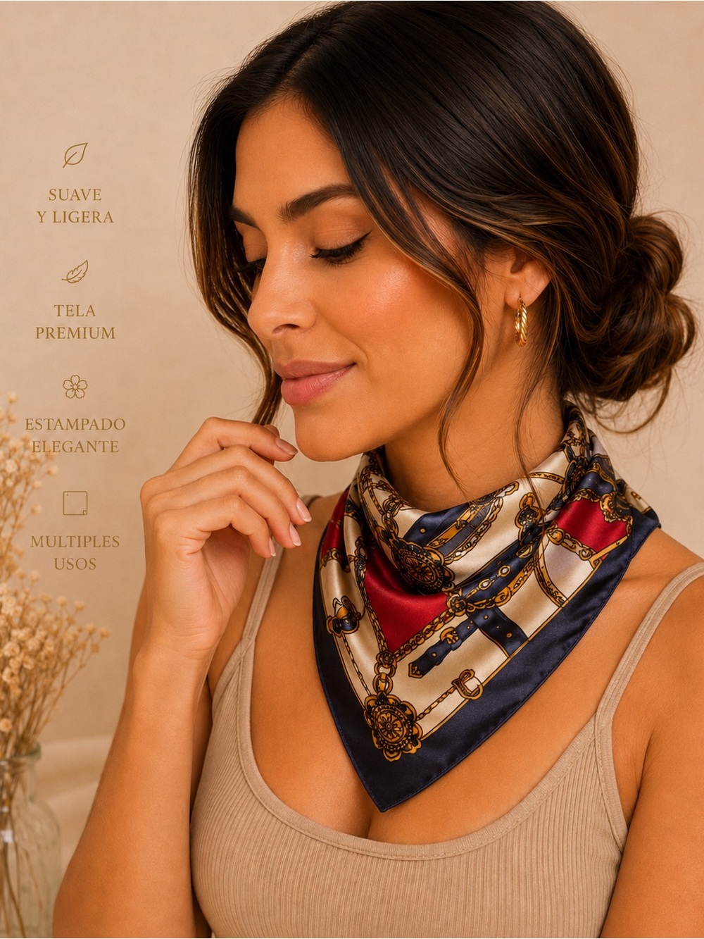 Silk-Feel Navy & Red Patterned Neck Scarf - Women Accessories